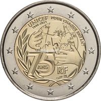 2 евро 2021 Франция 75 лет Юнисеф UNC из ролла