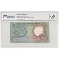 Конго 20 франков 1962 года. Тип P-4а. Состояние UNC! В слабе Premium Grading 64