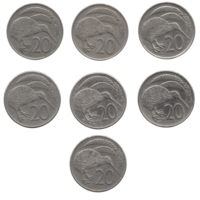 Королевство Новая Зеландия. 20 центов 1967, 1971, 1977, 1980, 1981, 1983, 1985. 2-й тип портрета. Фауна. Птица. Киви. Цена за одну монету.