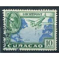 Нидерландские колонии - Кюрасао - 1942г. - ландшафты, авиация, королева Вильгельмина, авиапочта, 10 с - 1 марка - гашёная [Mi 183]. #3-WB-73-A-1