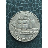 5 злотых 1936 кораблик Гдыня монета в блеске