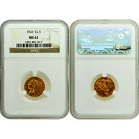 2,5 доллара 1926 г. Голова индейца. США. NGC MS 62. Золото. КМ# 128