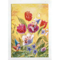 Открытка почтовая. С праздником! Гномы. Эльфы. Дюймовочка. Цветы.Тюльпаны. Весна.  Худож. А.Столбова (чистая)