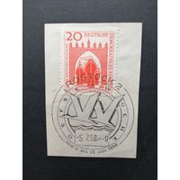 ГДР 1958 Марка на вырезке "Строительство морского порта в Ростоке" (спецгашение) Mi.634 каталог 0.70 евро