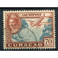 Нидерландские колонии - Кюрасао - 1942г. - ландшафты, авиация, королева Вильгельмина, авиапочта, печать Аруба, 70 с - 1 марка - гашёная [Mi 193]. #3-WB-73-A-1