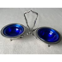 Солонка Серебро цветное стекло антикварная кобальт клеймо 9х16см