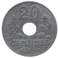 ФРАНЦУЗСКОЕ ГОСУДАРСТВО. 20 сантимов 1942.