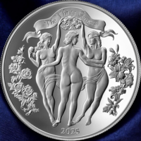 Камерун 1000 франков 2025г. "Три Грации". PROOF. Монета в капсуле; подарочном футляре; сертификат; обложка; подставка. СЕРЕБРО 31,10гр.(1 oz).