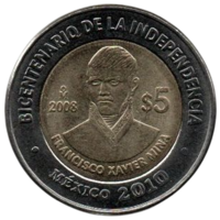 МЕКСИКАНСКИЕ СОЕДИНЁННЫЕ ШТАТЫ. 5 ПЕСО 2008. Франсиско Хавьер Мина. Двухсотлетие независимости. БИМЕТАЛЛ
