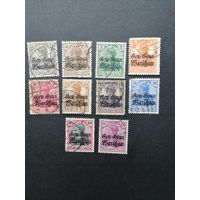 Польша 1916 Неполная серия марок "DEUTSCHEN REICHES" периода немецкой оккупации Польши с надпечаткой "Deutschen post in Warschau" (гашение, есть наклейки) Mi.6-13,15-16 каталог 22.00 евро