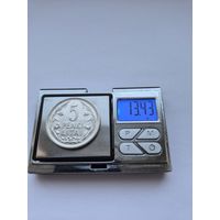 5 литов Литва,Первая Республика (1925 - 1938), 1925 года. Серебро 500. Монета не чищена. R45499