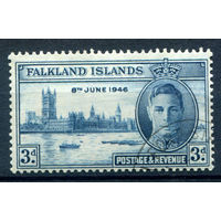 Британские колонии - Фолклендские острова - 1946г. - Годовщина Победы во Второй Мировой войне, король Георг VI, здание парламента в Лондоне, 3 d - 1 марка - гашёная [Mi 95]. #2-Bc-38-A-2
