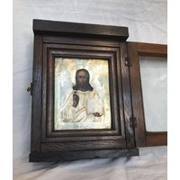 Старинная Икона, Господь Вседержитель, оклад серебро 84 пробы, Киот. Состояние Люкс!