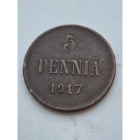 5 пенни 1917 года для Финляндии (Николай II). Монета не чищена. 45365