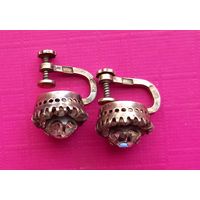 Клипсы-серьги "Малинка" - 875 пр., позолота, горный хрусталь, СССР.