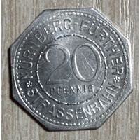 Монета 20 пфеннигов 1919 год. Нюрнберг. Веймарская республика