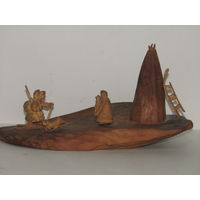 "Встреча после охоты". Статуэтка. Ручная работа. Подписная. Дерево. Север. Эскимосы. Ретро СССР. м