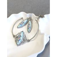 Серьги и браслет скань, цветочная финифть, винтаж, СССР, мельхиор