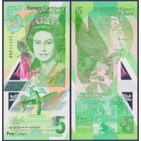 Восточные Карибы, 5 долларов 2021 г., P-W56 (CZ, полимер, королева Елизавета II, Трафальгарский водопад), UNC