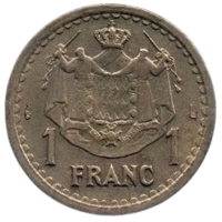 КНЯЖЕСТВО МОНАКО. 1 ФРАНК 1945. МОНАХИ. РЫЦАРИ. КРЕСТОНОСЦЫ.