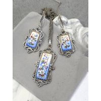 Серьги с кулоном, филигрань, скань, финифть, винтаж, СССР, мельхиор