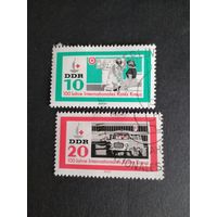 ГДР 1963 Полная серия марок "100-летие Международного Красного креста" (спецгашение с клеем и наклейками) Mi.956-957 каталог 2.50 евро