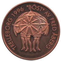 Коммуна Треллеборг. Швеция. 20 крон 1999.  Скульптура "Лучшее" Ханса Фреда Оберга. Локальная валюта. Законное платёжное средство. 35 мм.